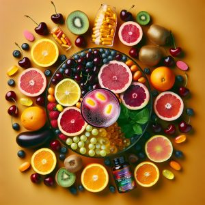 Vibrant fruit platter with vitamin C tablets and glutathione capsules evoking synergy and vitality