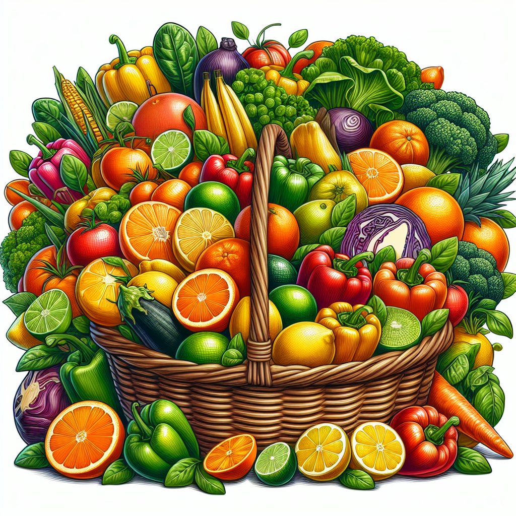 Overflowing basket of colorful citrus fruits, bell peppers, and leafy greens, radiating freshness and vitality.
