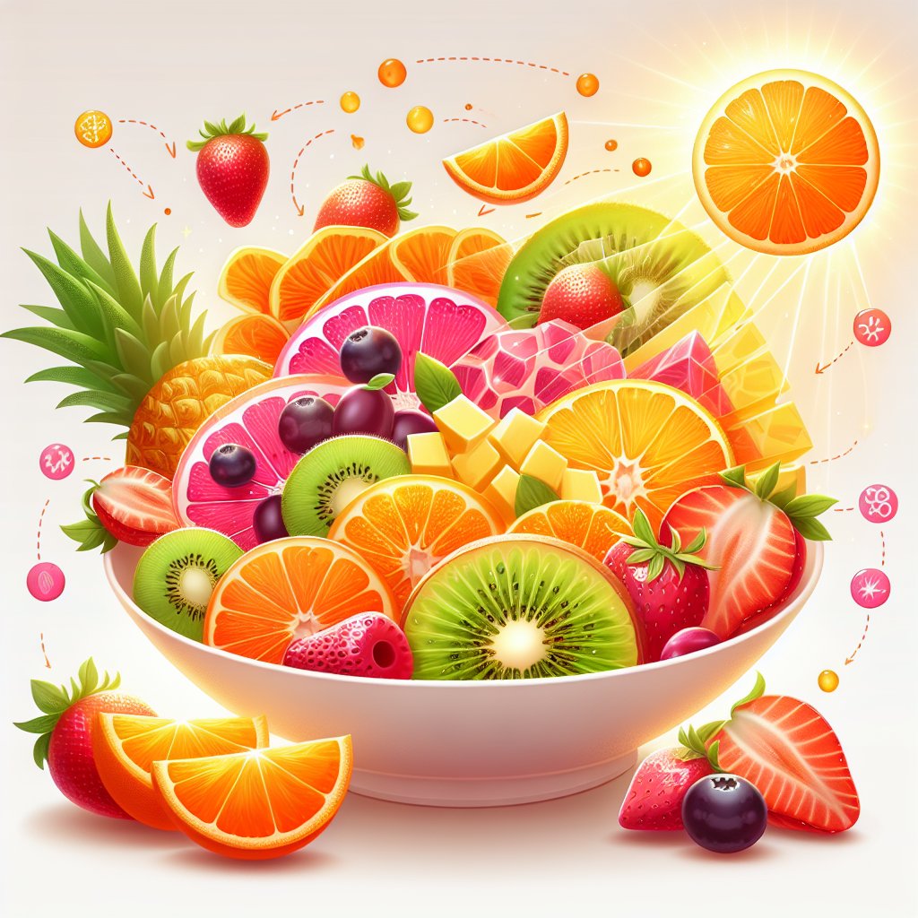 Colorful fruit salad featuring oranges, strawberries, kiwi, and pineapple symbolizing wound repair and collagen synthesis