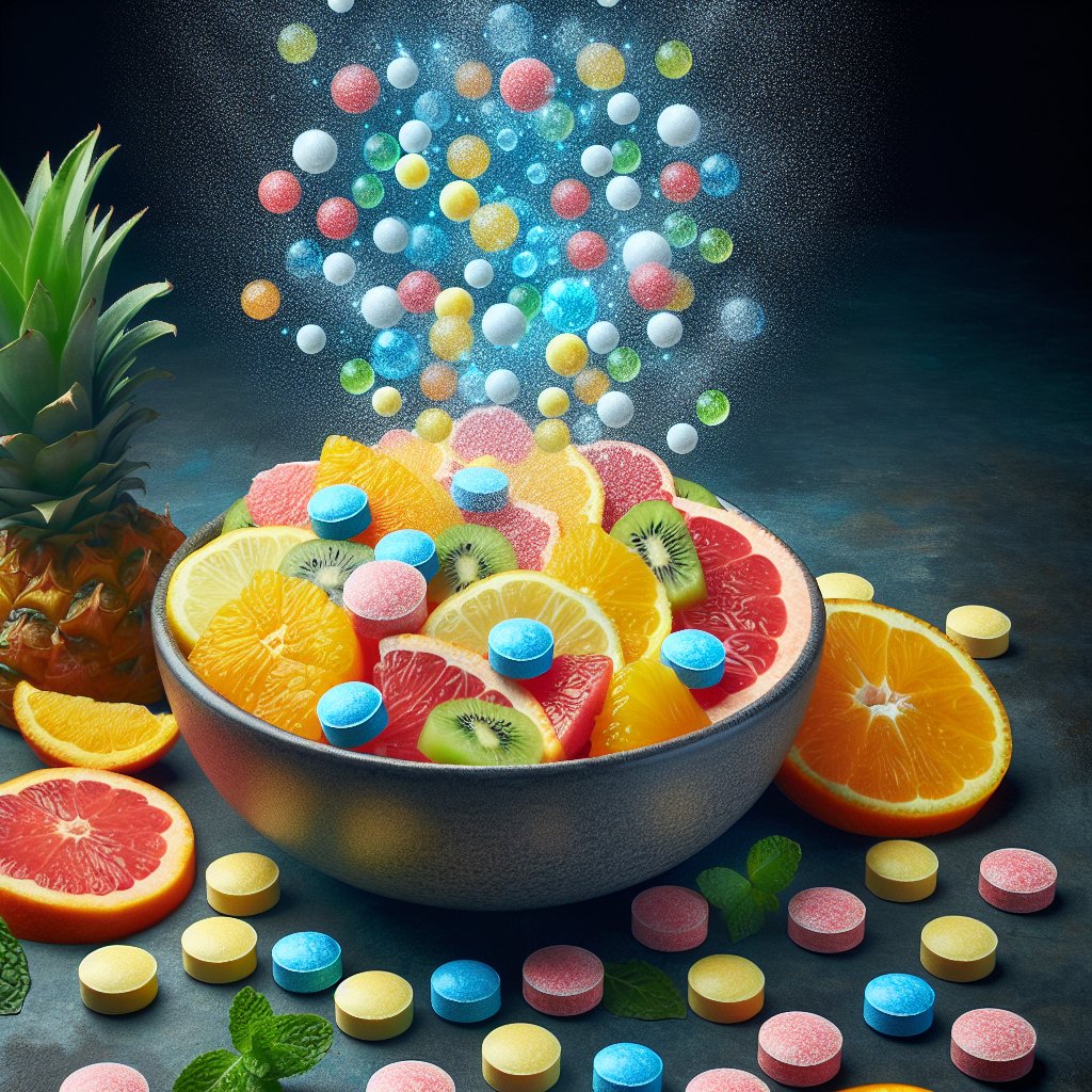 Fresh and colorful citrus fruit salad surrounded by effervescent Vitamin C tablets