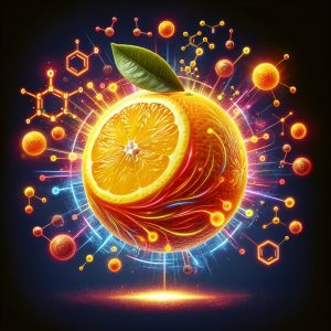 Fresh citrus fruit surrounded by glowing molecules and immune system icons