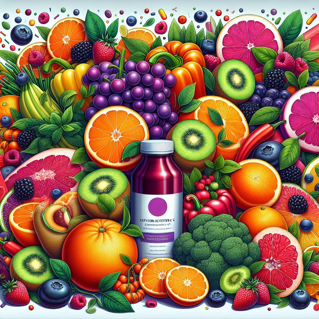 Assortment of fresh fruits and vegetables rich in Vitamin C