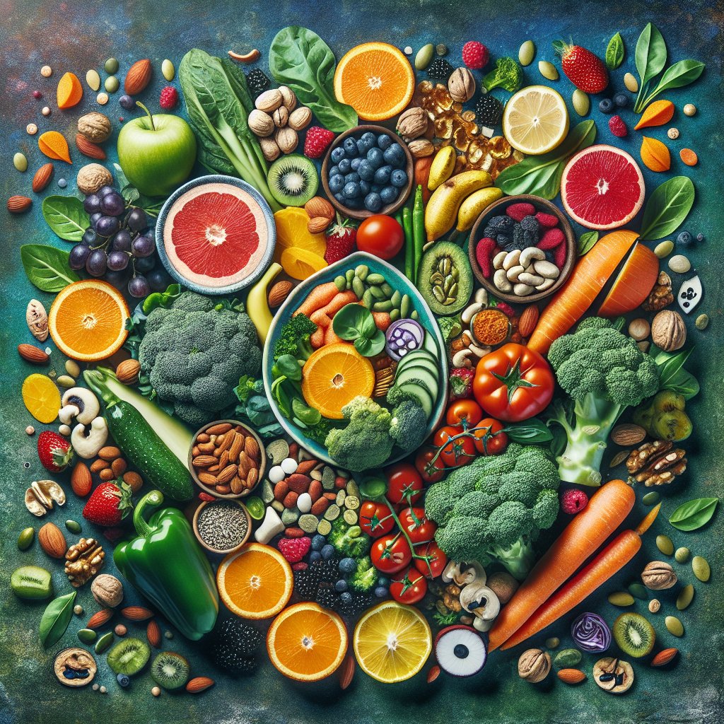 Colorful plate of food rich in Vitamin A, Vitamin C, Vitamin E, and Vitamin K, showcasing natural sources essential for wound healing