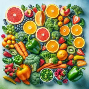 Assortment of colorful Vitamin C-rich fruits and vegetables arranged in an artistic manner