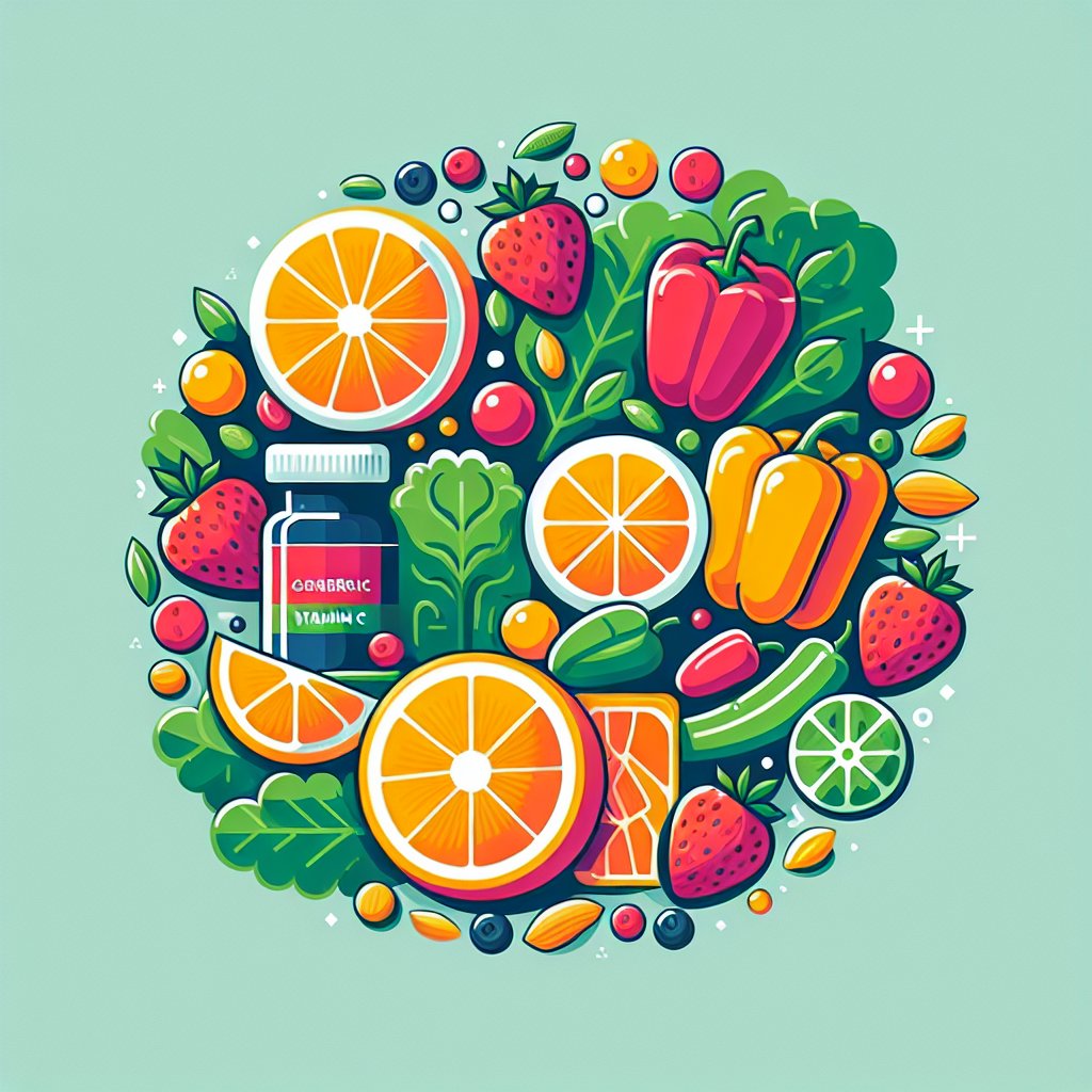Assorted fruits and vegetables rich in vitamin C, including oranges, strawberries, bell peppers, and kale, arranged in a visually appealing manner to symbolize vitality and well-being.