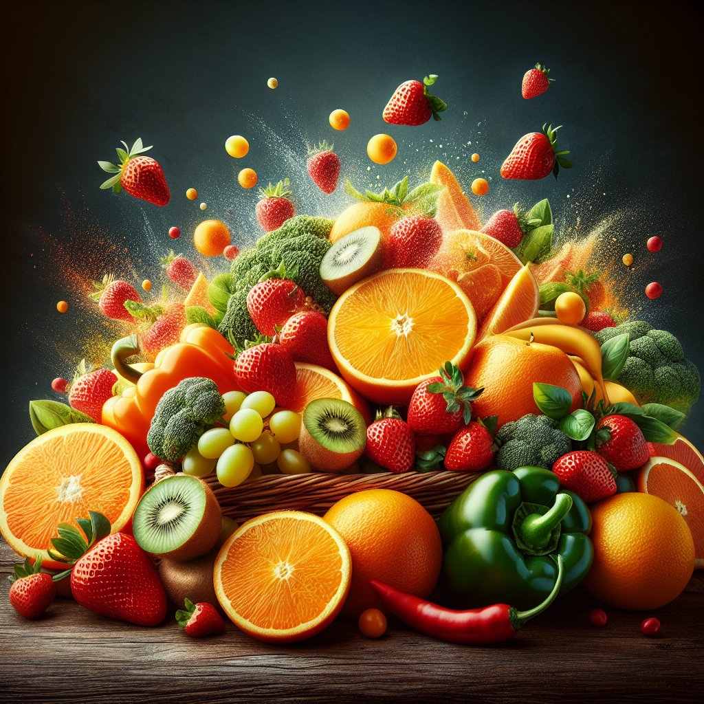 Assortment of oranges, strawberries, bell peppers, and kiwi, emphasizing Vitamin C-rich foods for overall and vaginal health.
