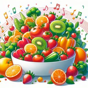 Colorful plate of Vitamin C-rich fruits and vegetables promoting children's health and vitality