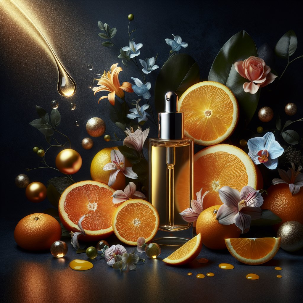 A luxurious display of Eclat Vitamin C Serum surrounded by vibrant citrus fruits, delicate flower petals, and interplay of light and shadows.