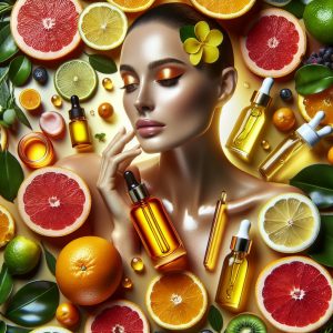 A vibrant and fresh composition featuring a variety of skincare products, with a focus on vitamin C serums, citrus fruits, and botanical extracts, symbolizing the importance of skincare and the role of vitamin C in skincare routines.