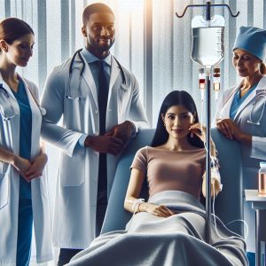 Patient receiving a Vitamin C Drip in a modern and comforting medical setting, with professional and friendly staff attending to their well-being.