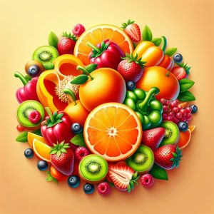 Assorted vibrant fruit platter featuring oranges, strawberries, kiwi, and bell peppers, emphasizing the importance of Vitamin C for oral health.