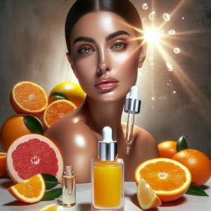 Radiant skin with vitamin C serum surrounded by fresh citrus fruits