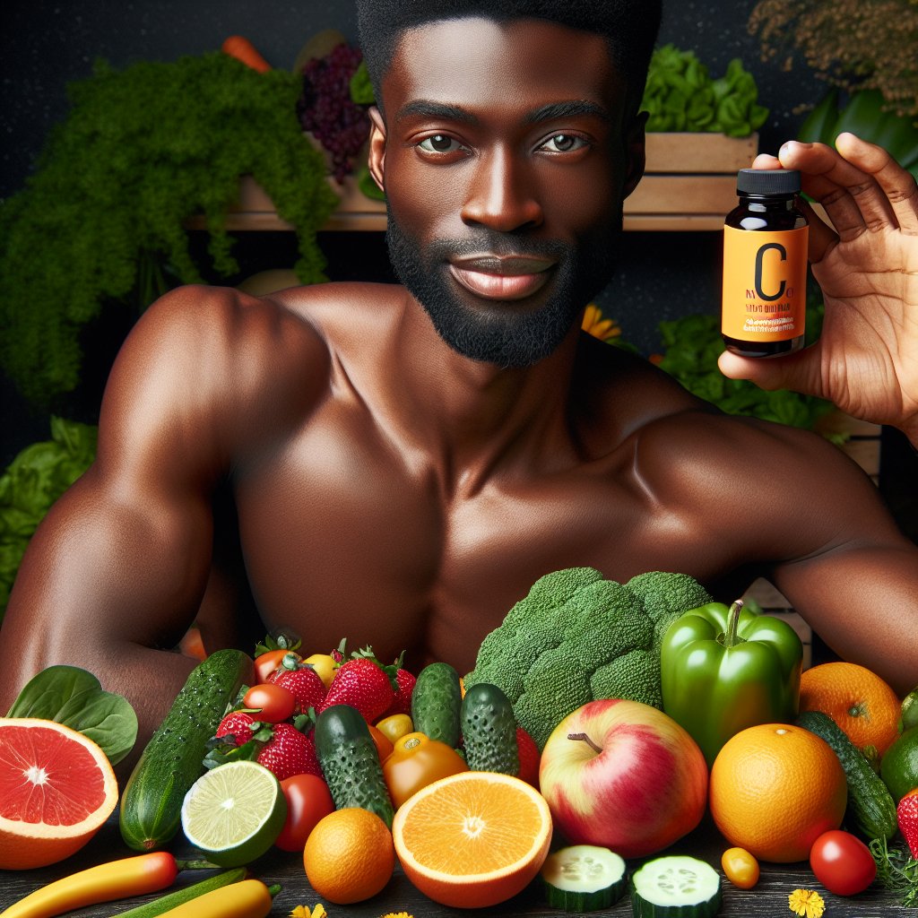 A confident individual incorporating Nutrilite Vitamin C into their daily routine, surrounded by vibrant fruits and vegetables, with subtle caution signs next to certain food items.