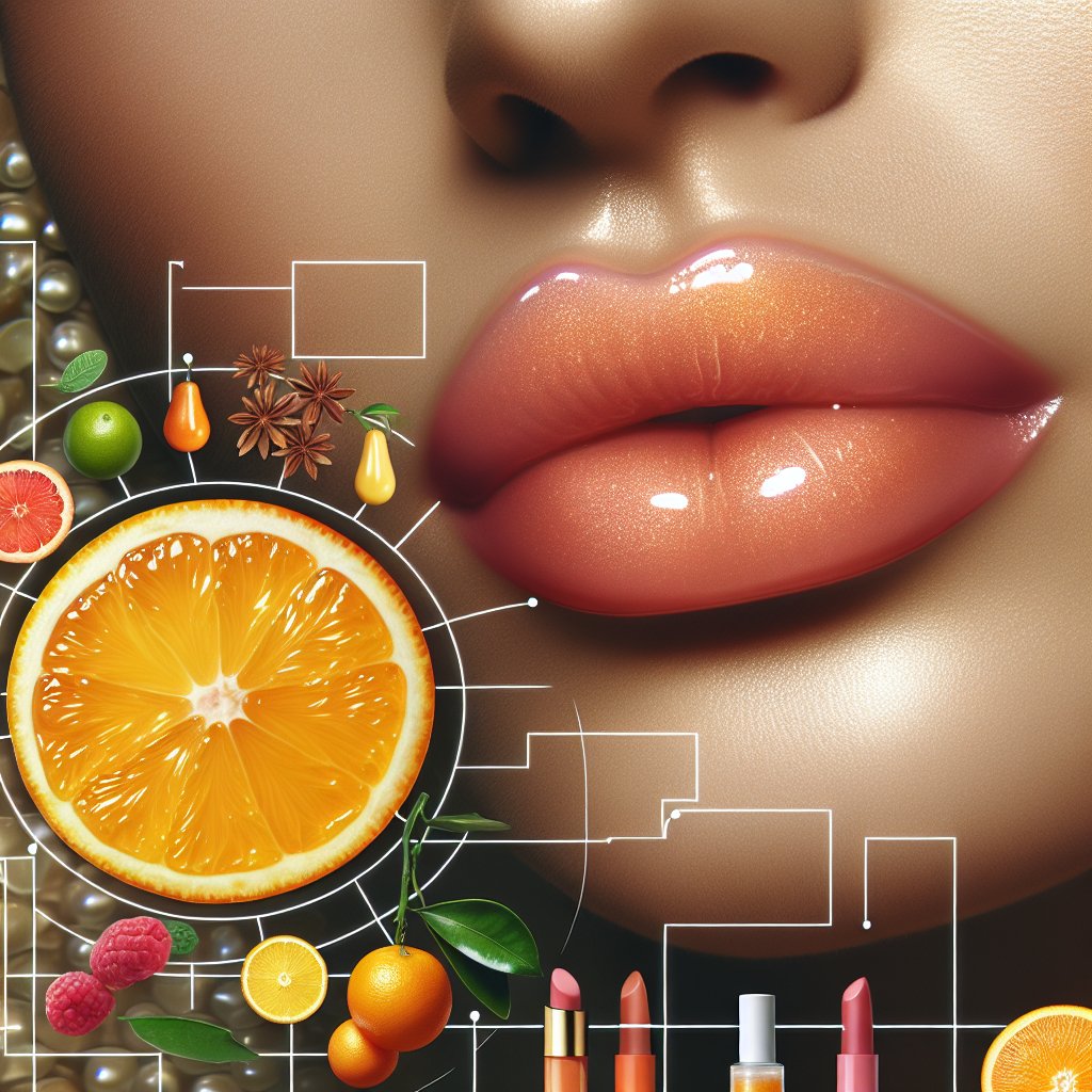 Luscious lips coated with Vitamin C-infused lip balm, surrounded by key factors to consider when choosing a lip balm, such as Vitamin C concentration, additional beneficial ingredients, and suitability for various skin types.