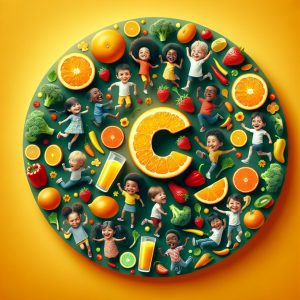 Happy kids enjoying colorful plate of vitamin C-rich fruits and vegetables