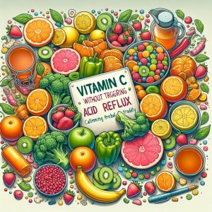 Assortment of colorful vitamin C-rich foods including citrus fruits, bell peppers, strawberries, and broccoli, displayed in a digestive-friendly manner with soothing herbal teas for individuals with acid reflux