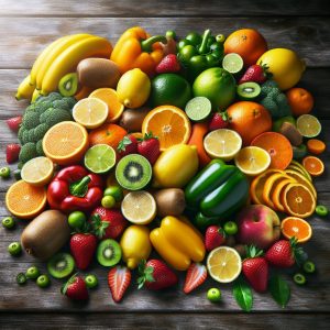 Assortment of vitamin C-rich foods on a wooden table