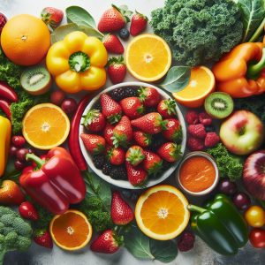 Assortment of vitamin C-rich foods including oranges, bell peppers, strawberries, and kale