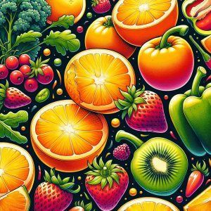 A vibrant and inviting illustration of oranges, kiwi, strawberries, bell peppers, and kale - natural sources of Vitamin C