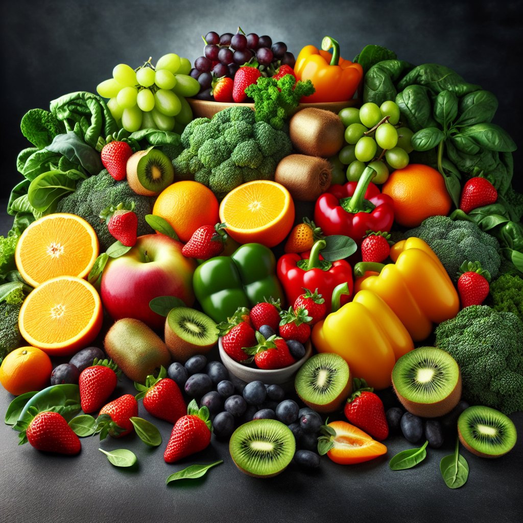 Assortment of vibrant fruits and vegetables, showcasing Vitamin C-rich foods such as oranges, strawberries, kiwi, and bell peppers, as well as leafy greens like kale and spinach.