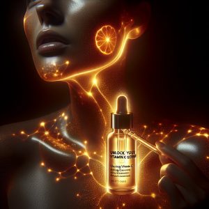 Radiant glowing skin with prominent vitamin C serum bottle