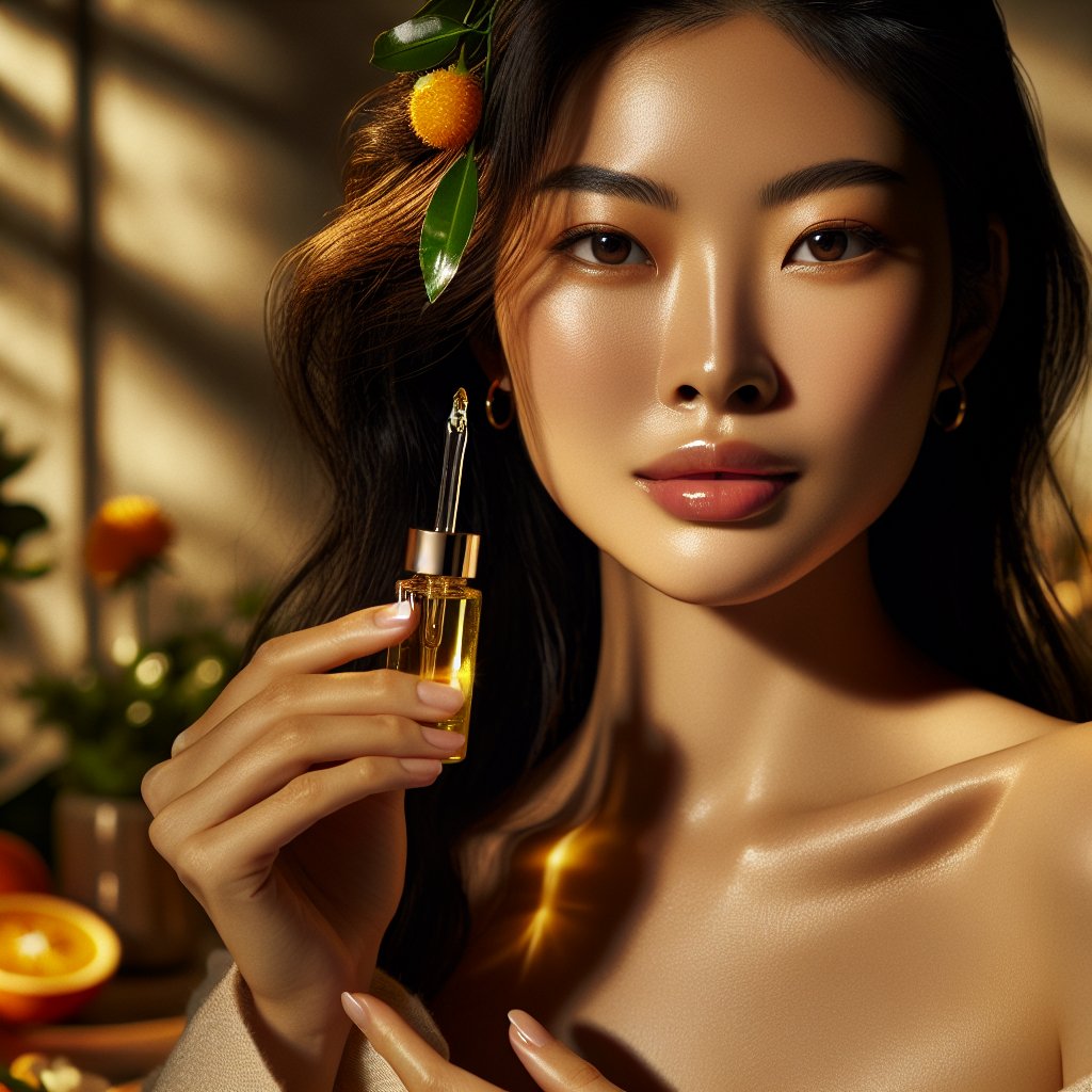 Woman applying Vitamin C serum onto her radiant, glowing skin in a luxurious, serene setting with golden hour light illuminating her face