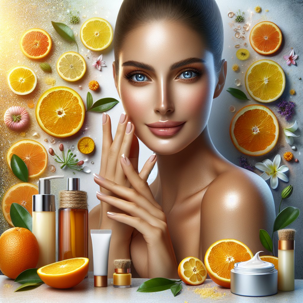Radiant skin with vitamin C products and citrus fruits for skin rejuvenation