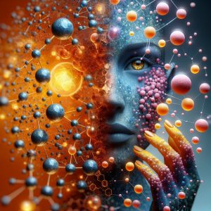 Artistic representation of Vitamin C interacting with skin cells