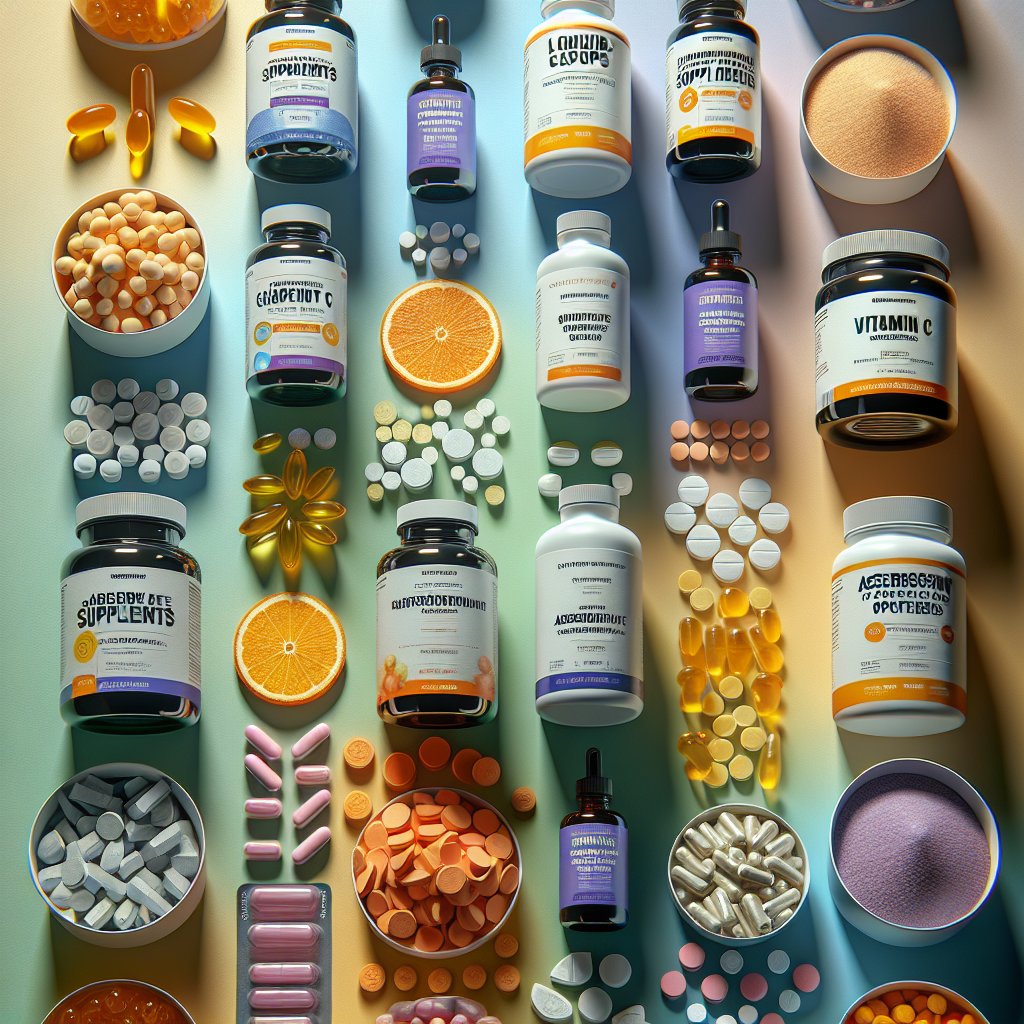Diverse array of Vitamin C supplements including chewable tablets, effervescent powders, liquid drops, and time-release capsules displayed in an organized manner showcasing vibrant colors and clear labeling to convey the variety of absorption rates.