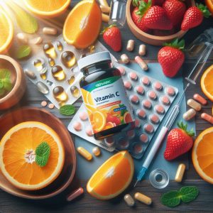 Fresh fruits and Melaleuca's Vitamin C products, symbolizing wellness and vitality