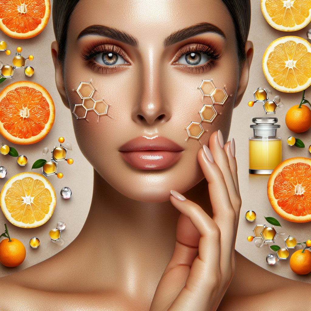 Radiant face surrounded by citrus fruits and hyaluronic acid molecules