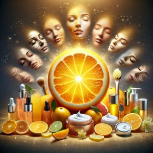 Vibrant citrus fruit surrounded by skincare products and glowing, healthy skin