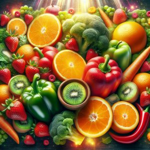 Assortment of colorful fruits and vegetables rich in vitamin C