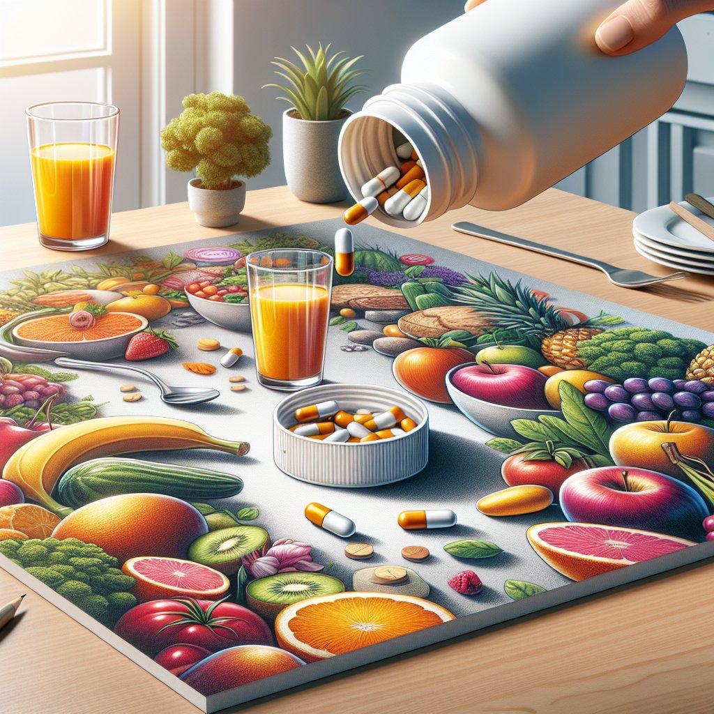 A colorful photo of a variety of fruits, vegetables, and Nutrilite Vitamin C supplements, showcasing a balanced and varied diet to promote vitality and well-being.