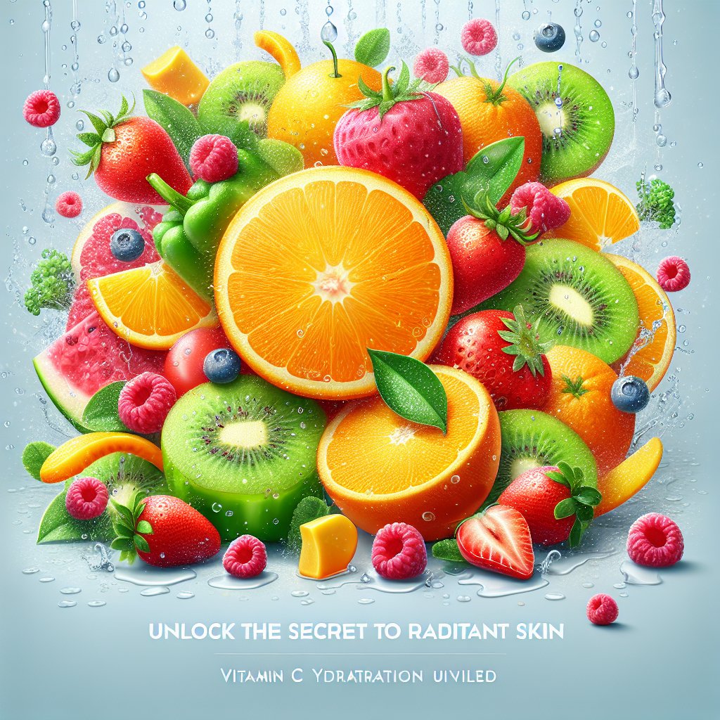 Assortment of vibrant fruits and vegetables rich in vitamin C, set against a refreshing, natural backdrop, evoking the essence of skin hydration and radiance.