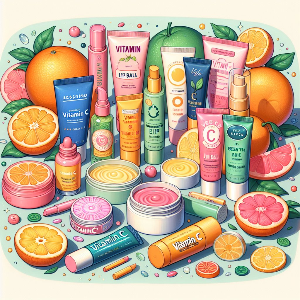 A vibrant and inviting display of Vitamin C lip balms featuring diverse brands and packaging, with colorful labels and refreshing fruit imagery to highlight the Vitamin C content.