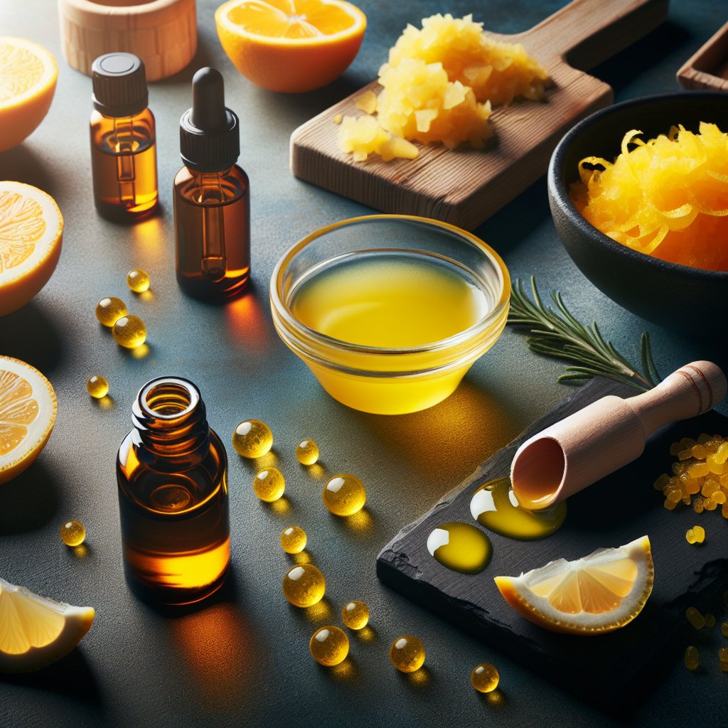 Homemade Vitamin C Lip Balm preparation with fresh natural ingredients such as lemon zest, orange essential oil, and beeswax