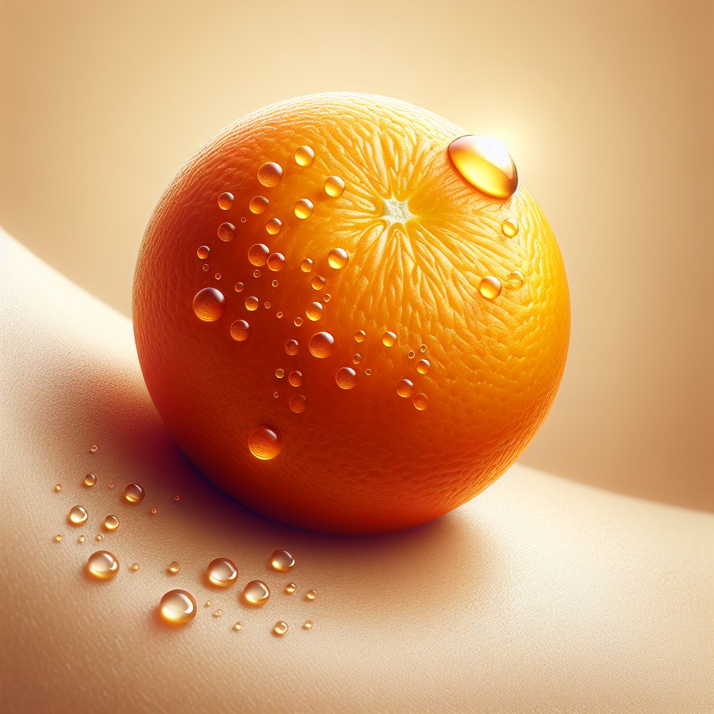 Vibrant orange with Vitamin C oil droplets, surrounded by smooth, scar-less skin