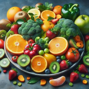 Assortment of vibrant fruits and vegetables rich in Vitamin C