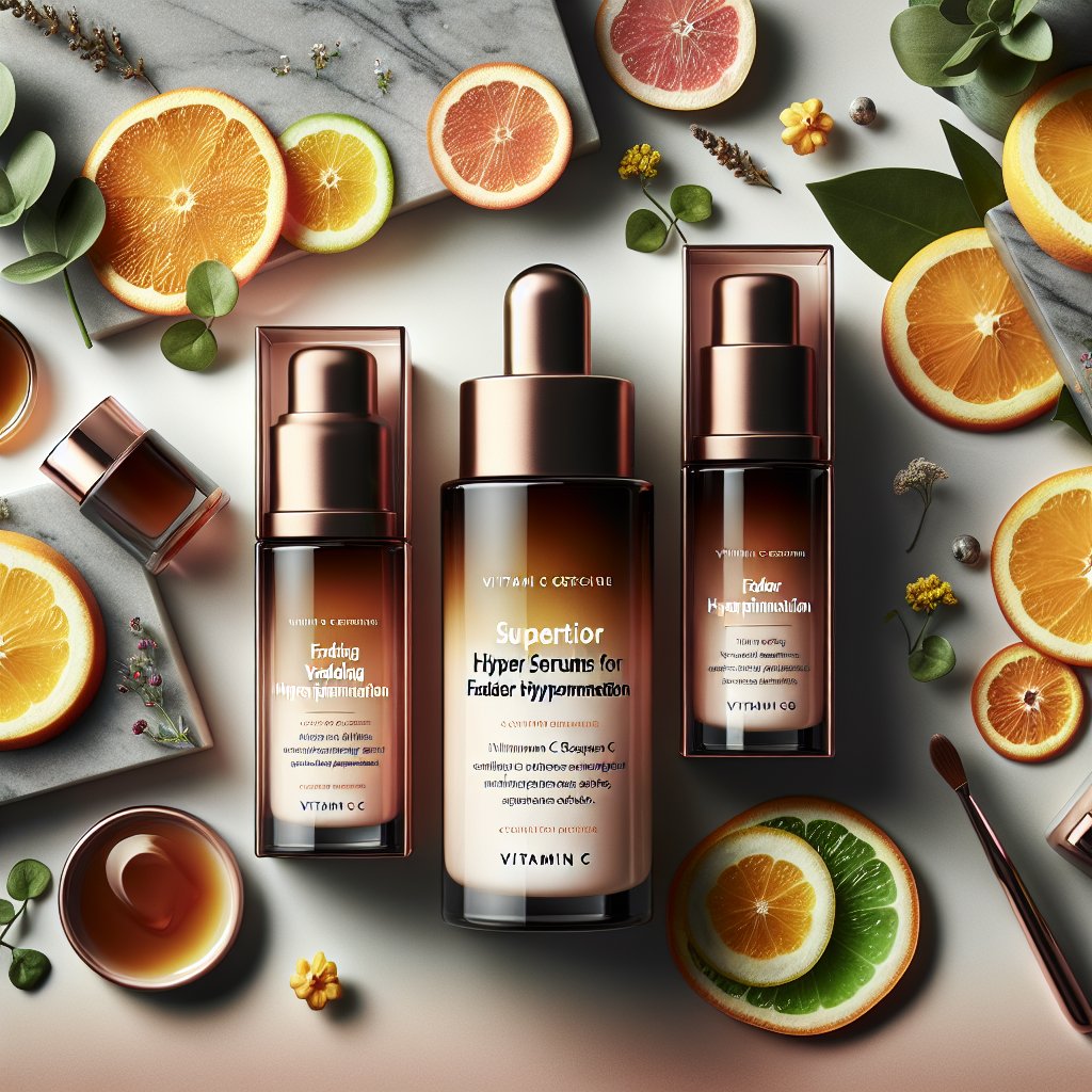 Three luxury vitamin C serums in elegant packaging with vibrant citrus fruits and rejuvenated skin, representing the ultimate solution for hyperpigmentation.