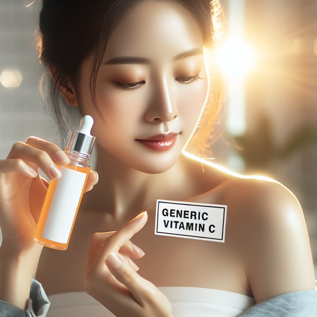 Woman applying Eclat Vitamin C Serum in a bright and clean bathroom while reading safety precautions on the product label.
