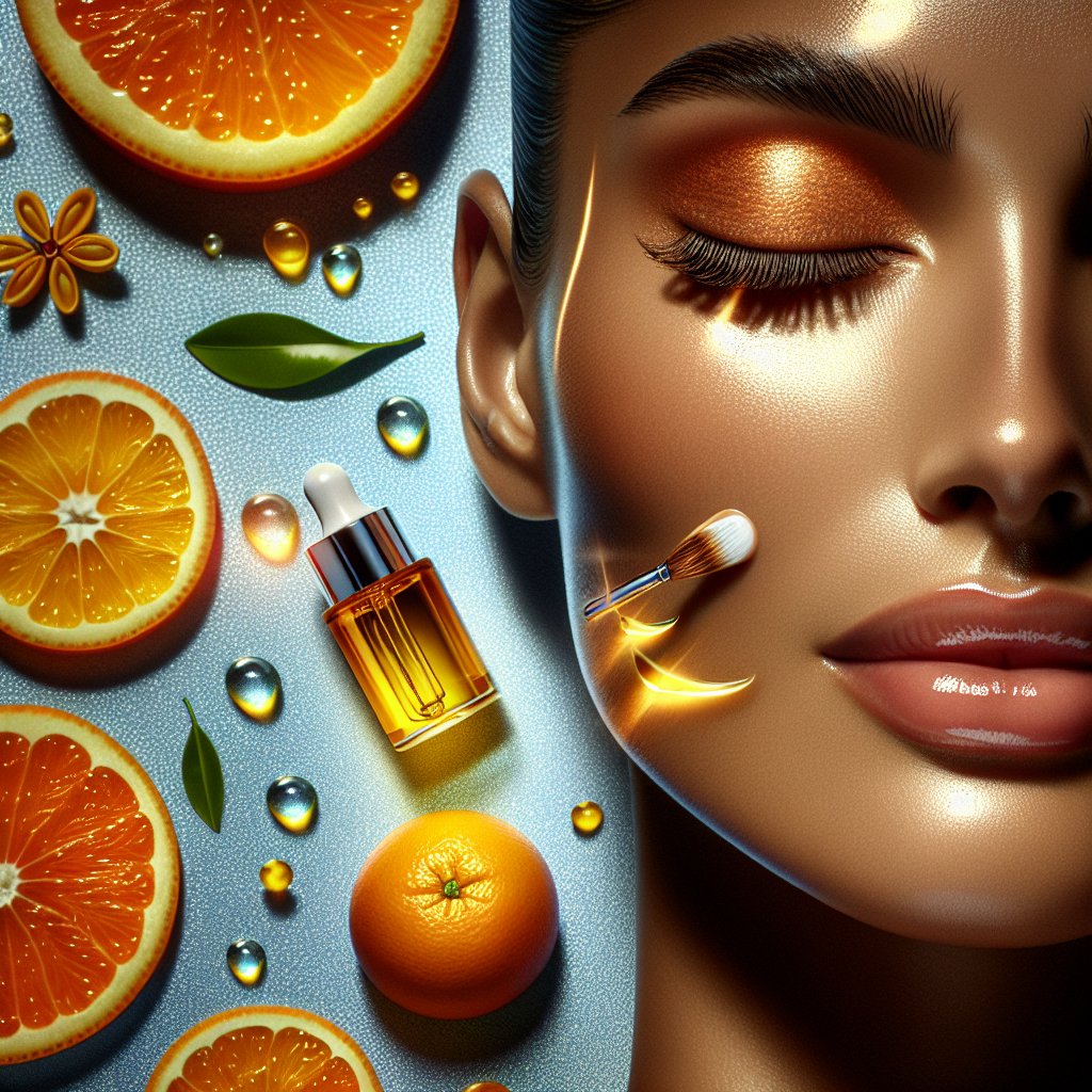 Radiant skin being pampered with Vitamin C serum, showcasing glowing complexion, antioxidant properties, collagen production, and UV protection.