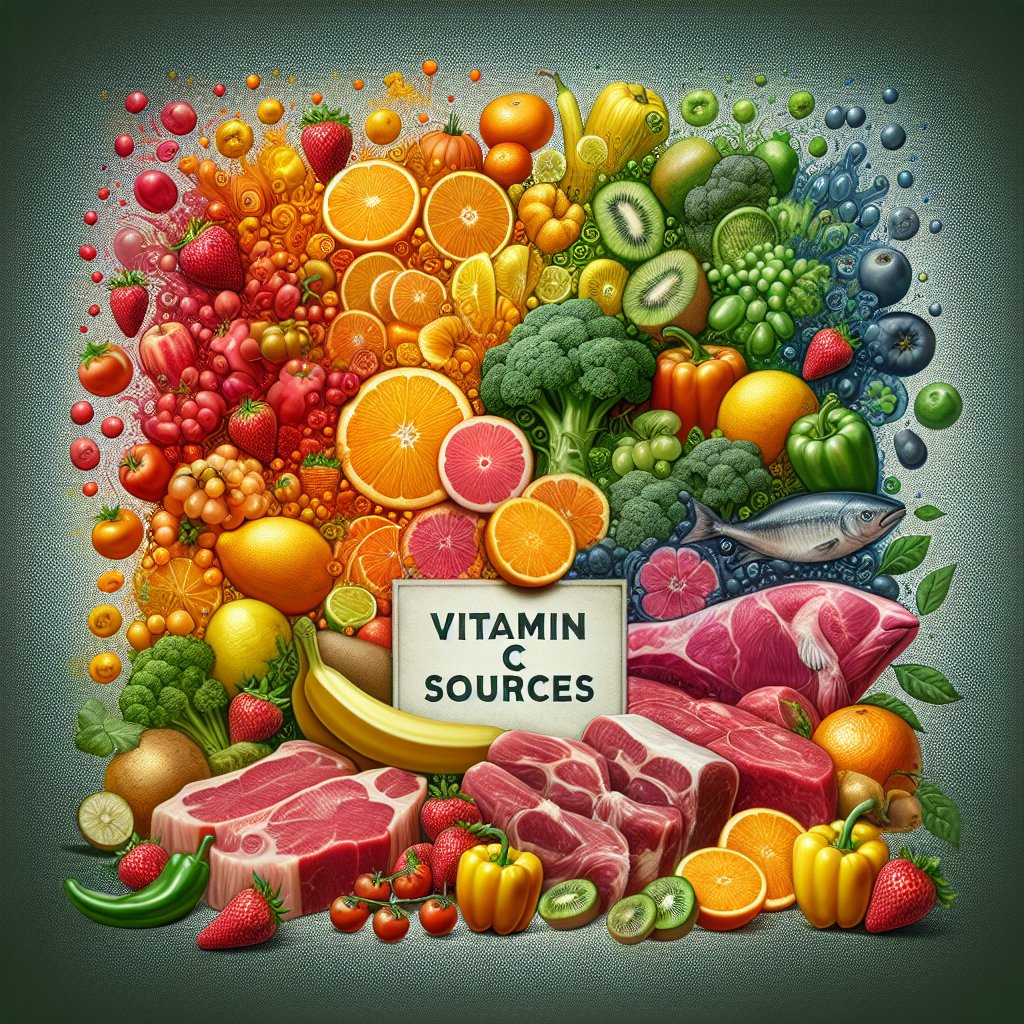 Variety of vitamin C-rich fruits and vegetables arranged in a visually appealing manner with a prominent label indicating 'Vitamin C Sources', highlighting the challenge of obtaining vitamin C from traditional sources while on a carnivore diet.