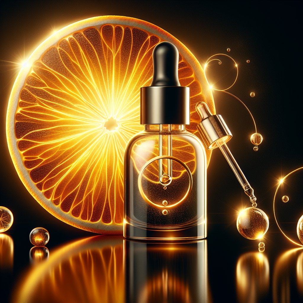 Radiant and glowing Vitamin C encapsulated in a glass dropper bottle branded with Wishtrend's logo