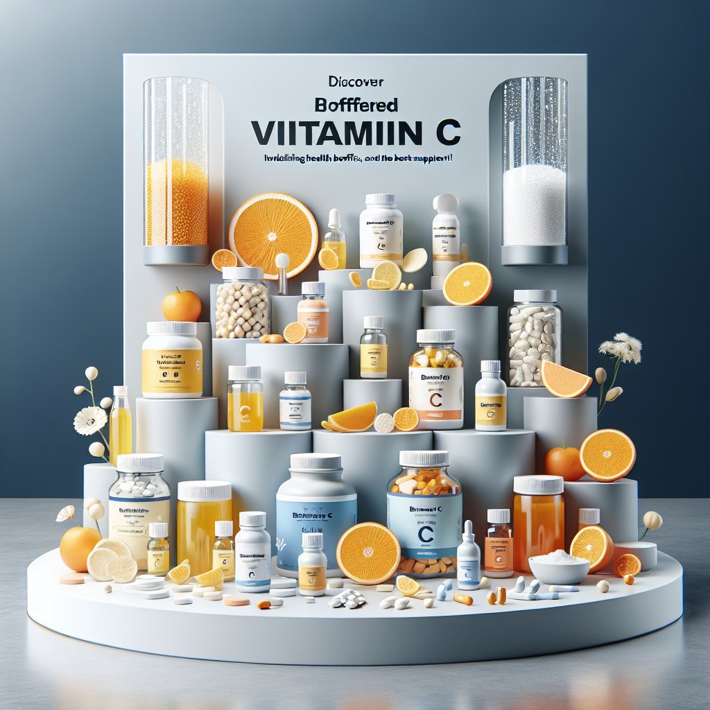 Assorted Buffered Vitamin C products including powder, capsules, and effervescent tablets showcased on a modern display