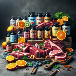 Assortment of vitamin C supplements displayed with fresh cuts of meat for individuals on a carnivore diet.