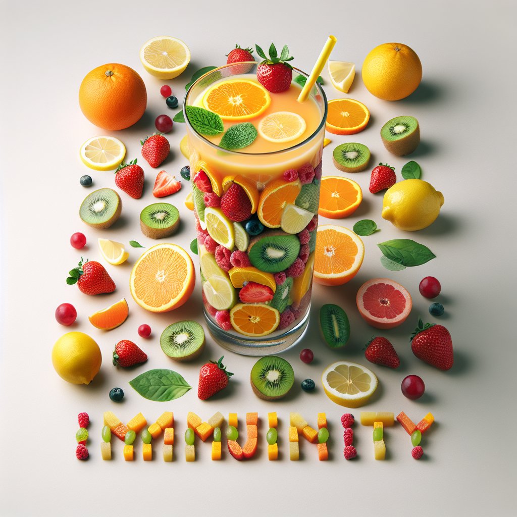 Vibrant citrus fruit smoothie with 'Immunity' spelled out in colorful fruits on top