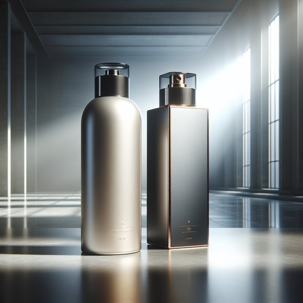 Two luxurious skincare product bottles, representing Obagi and SkinCeuticals, placed side by side on a modern surface in soft, natural light.