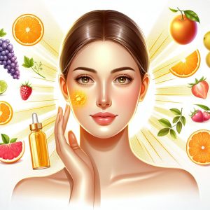 Radiant skin with a subtle glowing hue, surrounded by vitamin C-rich fruits, representing hope and optimism in treating hyperpigmentation.
