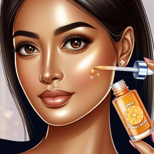 Woman applying Goodal vitamin C serum, with radiant, glowing skin.